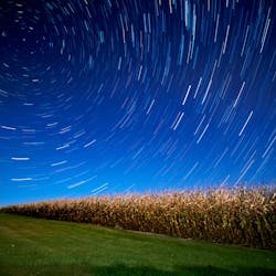 A 40-minute live composition star trail captured over rural Michigan on a cloudless night.